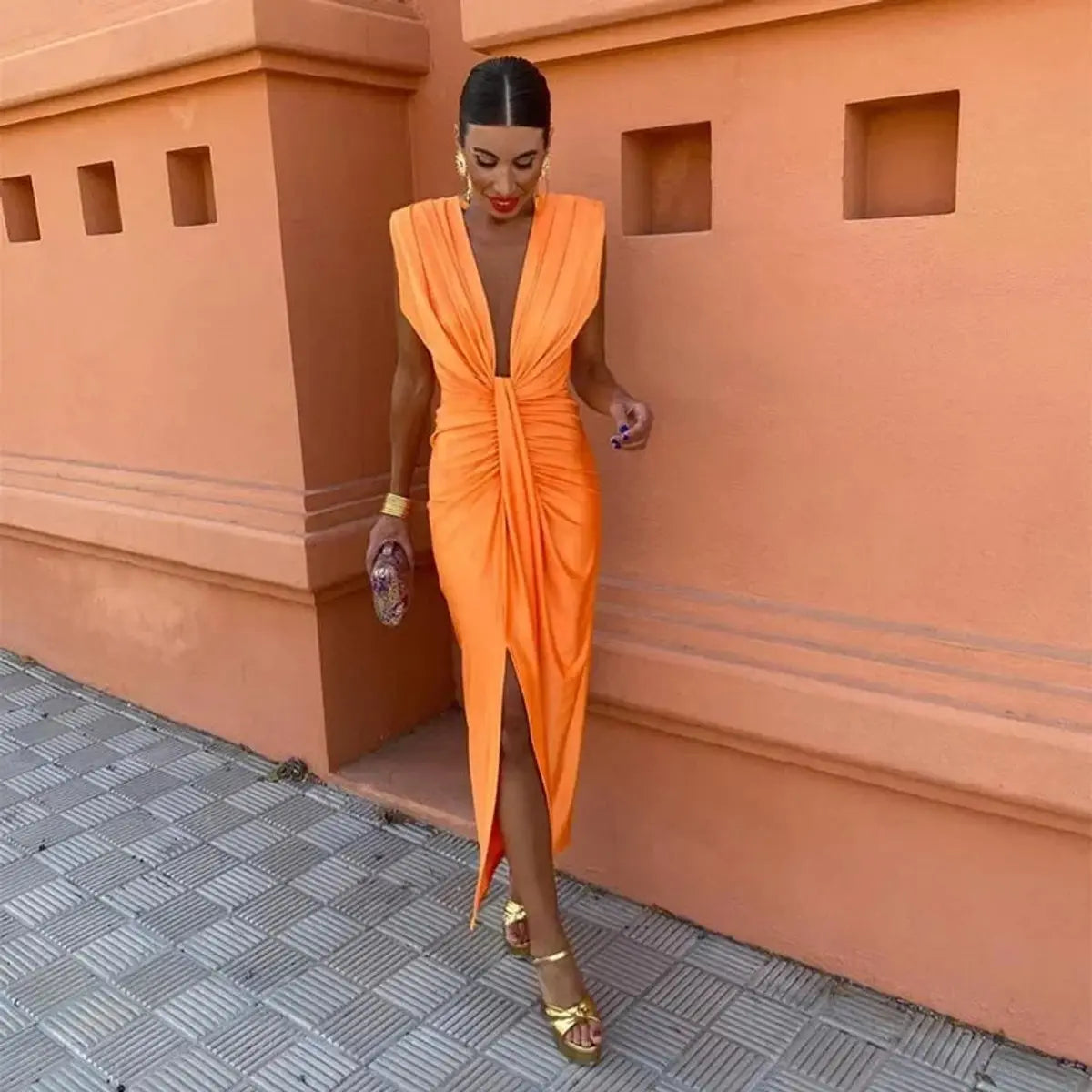 Women's Pleated Deep V-Neck Sleeveless Midi Dress - Orange