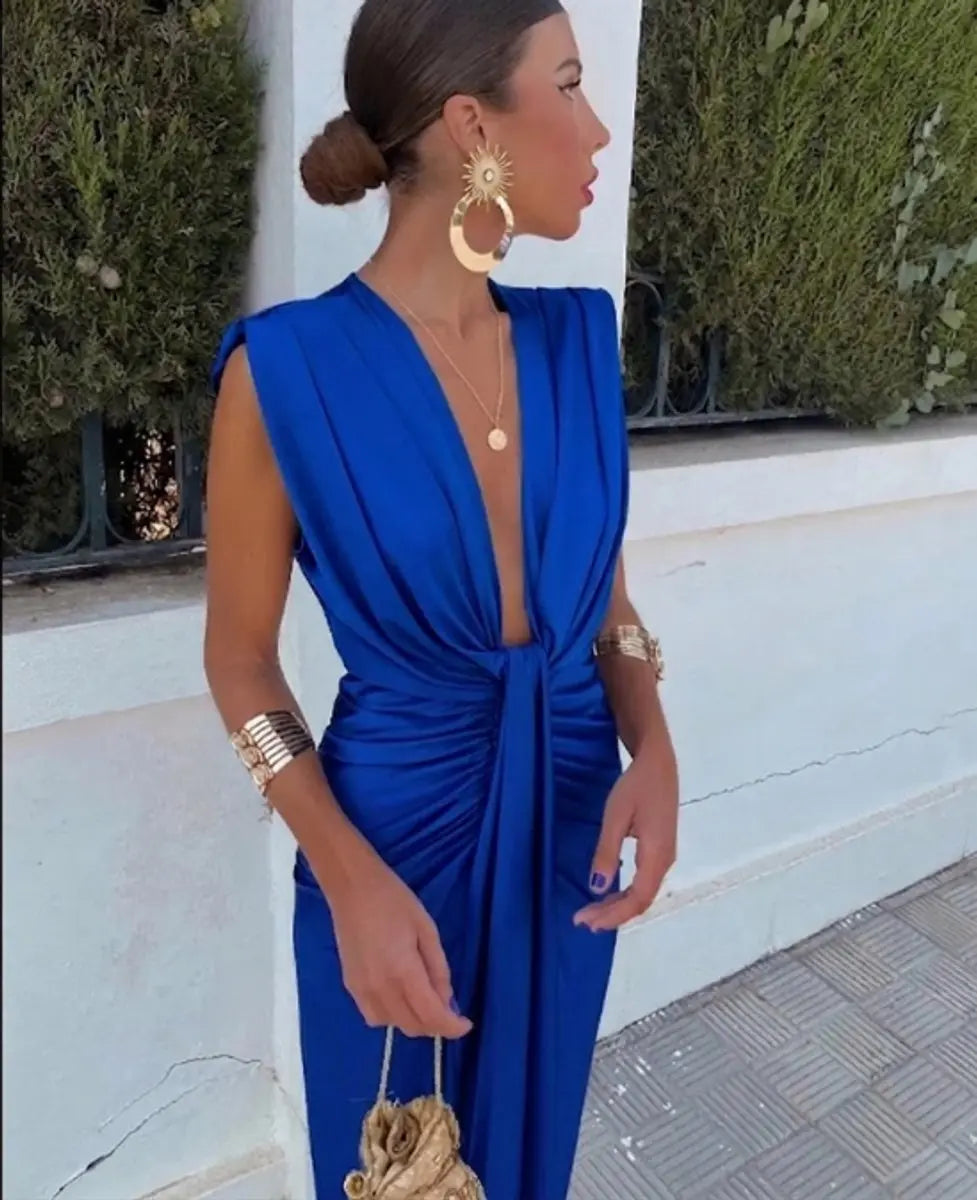 Women's Pleated Deep V-Neck Sleeveless Midi Dress