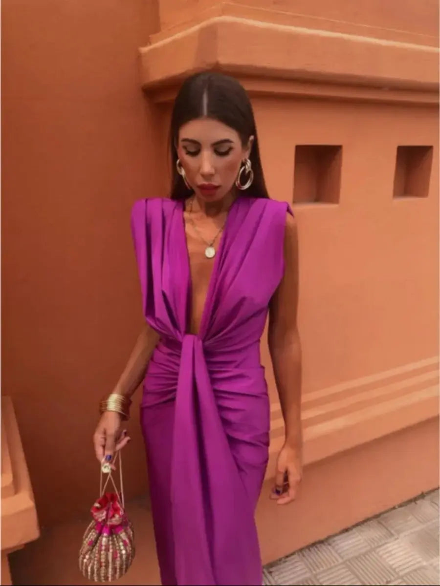 Women's Pleated Deep V-Neck Sleeveless Midi Dress - Fuchsia