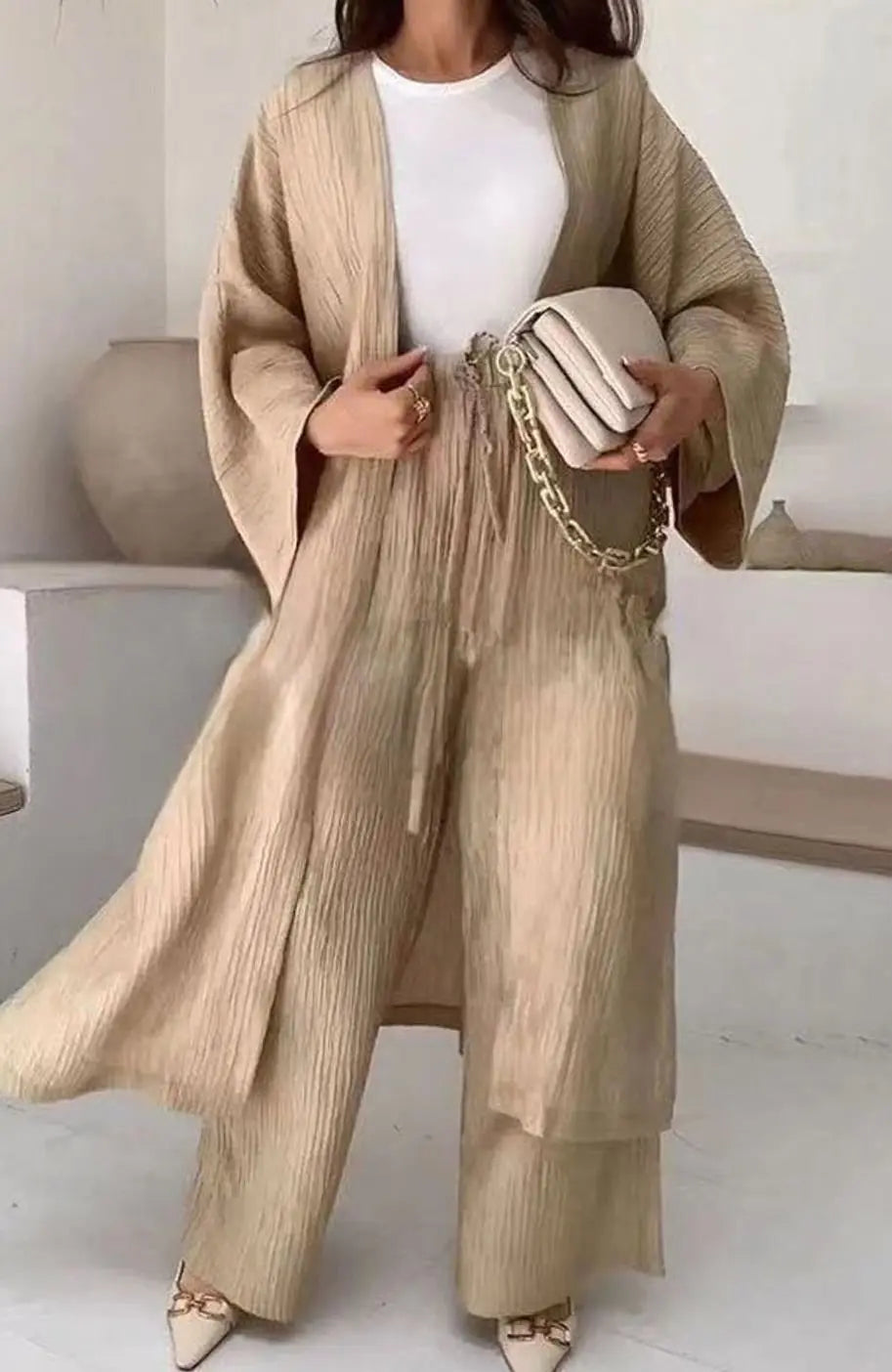 Women's Pleated Kimono Wide-Leg Trouser Two-Piece Set Co Ord
