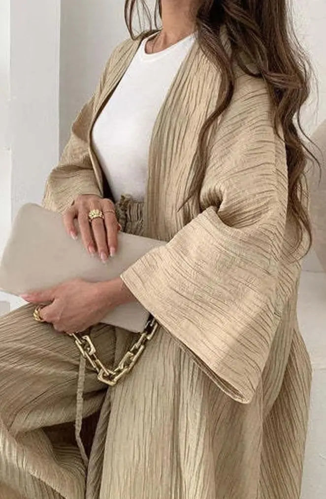 Women's Pleated Kimono Wide-Leg Trouser Two-Piece Set Co Ord - Khaki