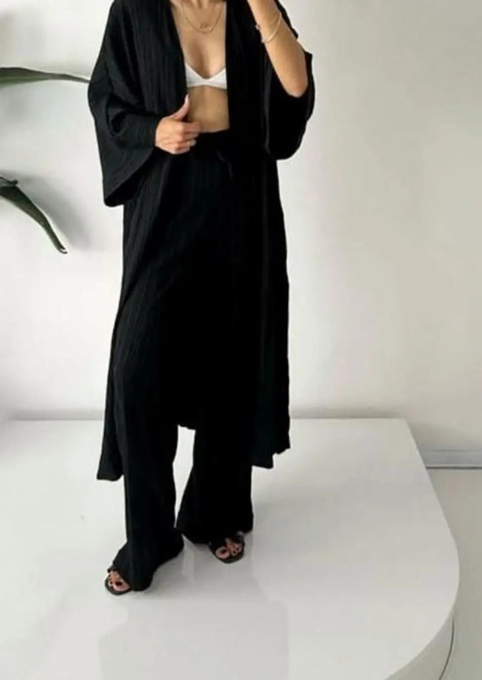 Women's Pleated Kimono Wide-Leg Trouser Two-Piece Set Co Ord - Black