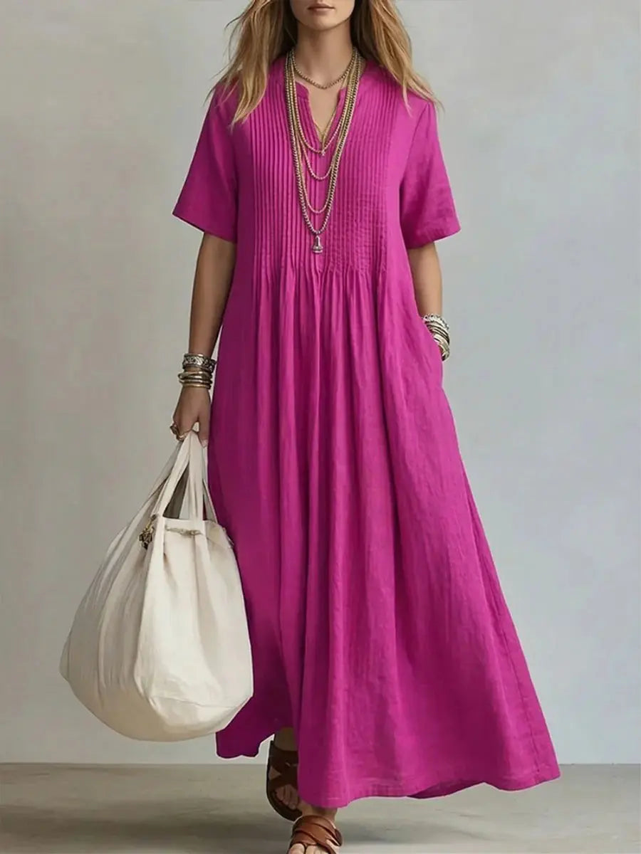 Women's Pleated V-Neck Short-Sleeve Linen Maxi Dress - Pink