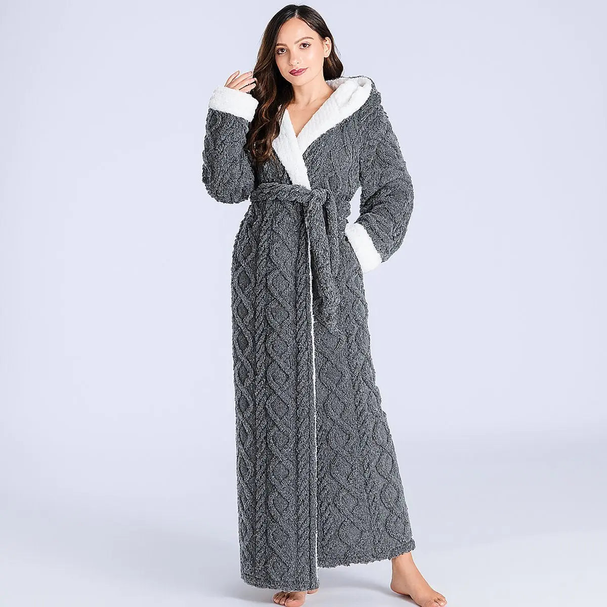 Womens Plush Fleece Ankle-Length Belted Dressing Gown - Grey