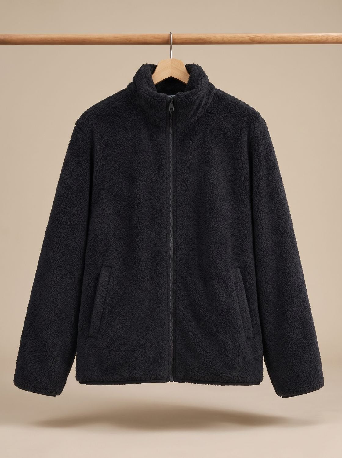 Women's Plush Fleece High-Collar Full-Zip Teddy Jacket - Black