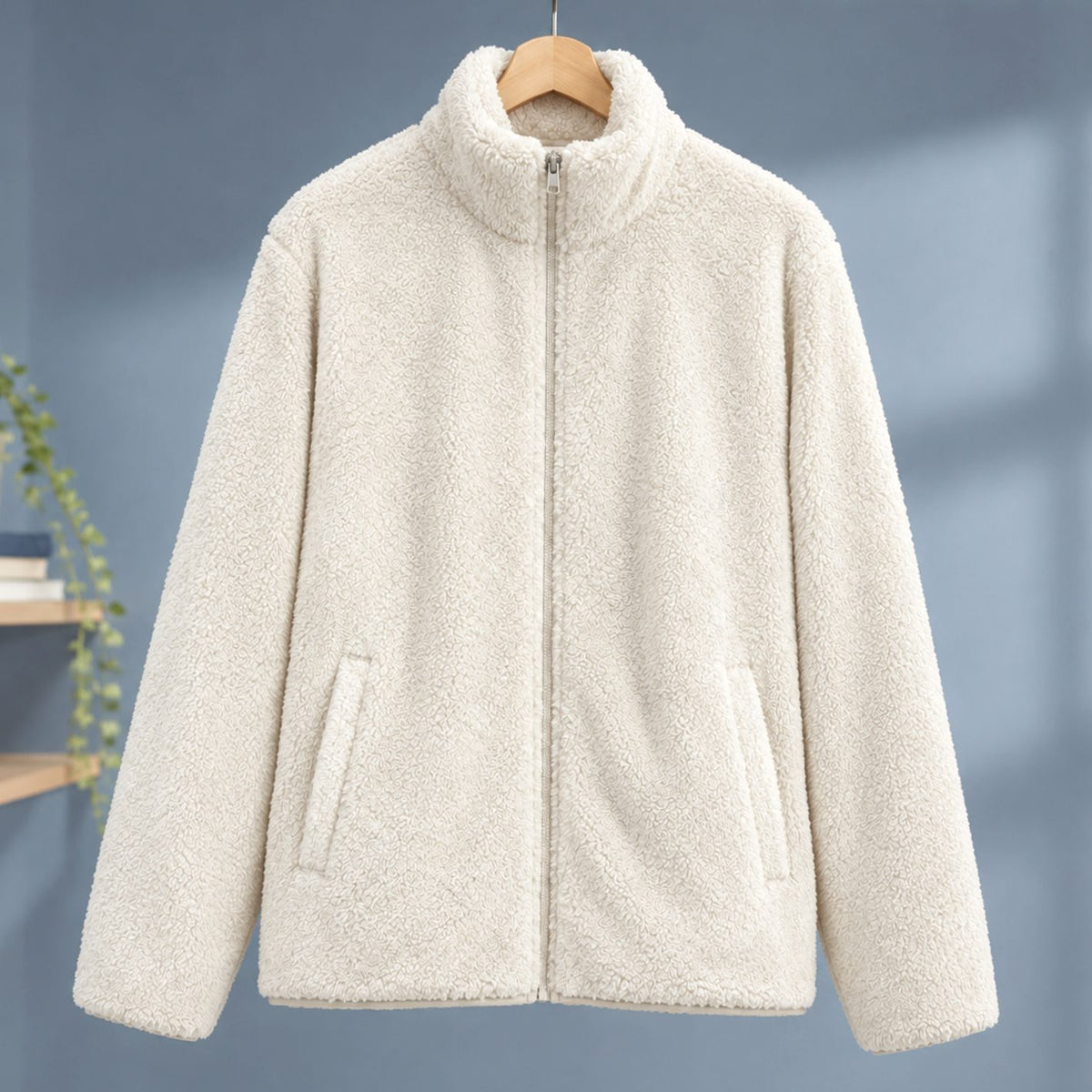Women's Plush Fleece High-Collar Full-Zip Teddy Jacket - White