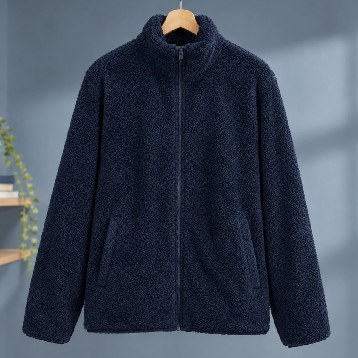 Women's Plush Fleece High-Collar Full-Zip Teddy Jacket - Navy Blue