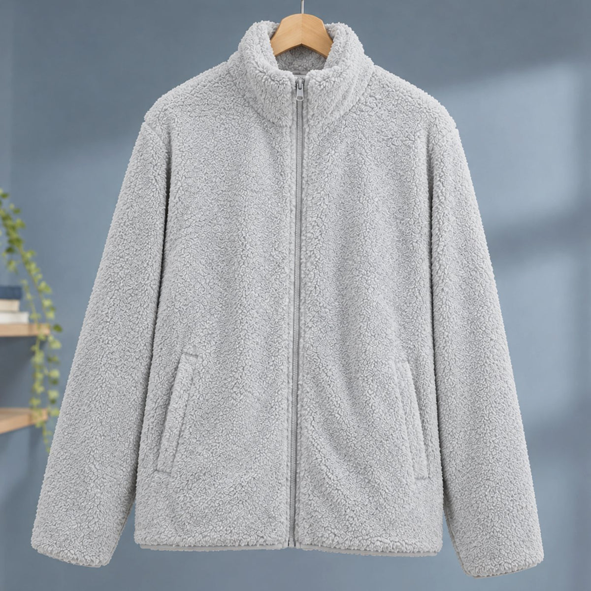 Women's Plush Fleece High-Collar Full-Zip Teddy Jacket - Light Grey