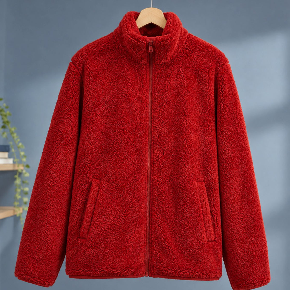 Women's Plush Fleece High-Collar Full-Zip Teddy Jacket - Coral