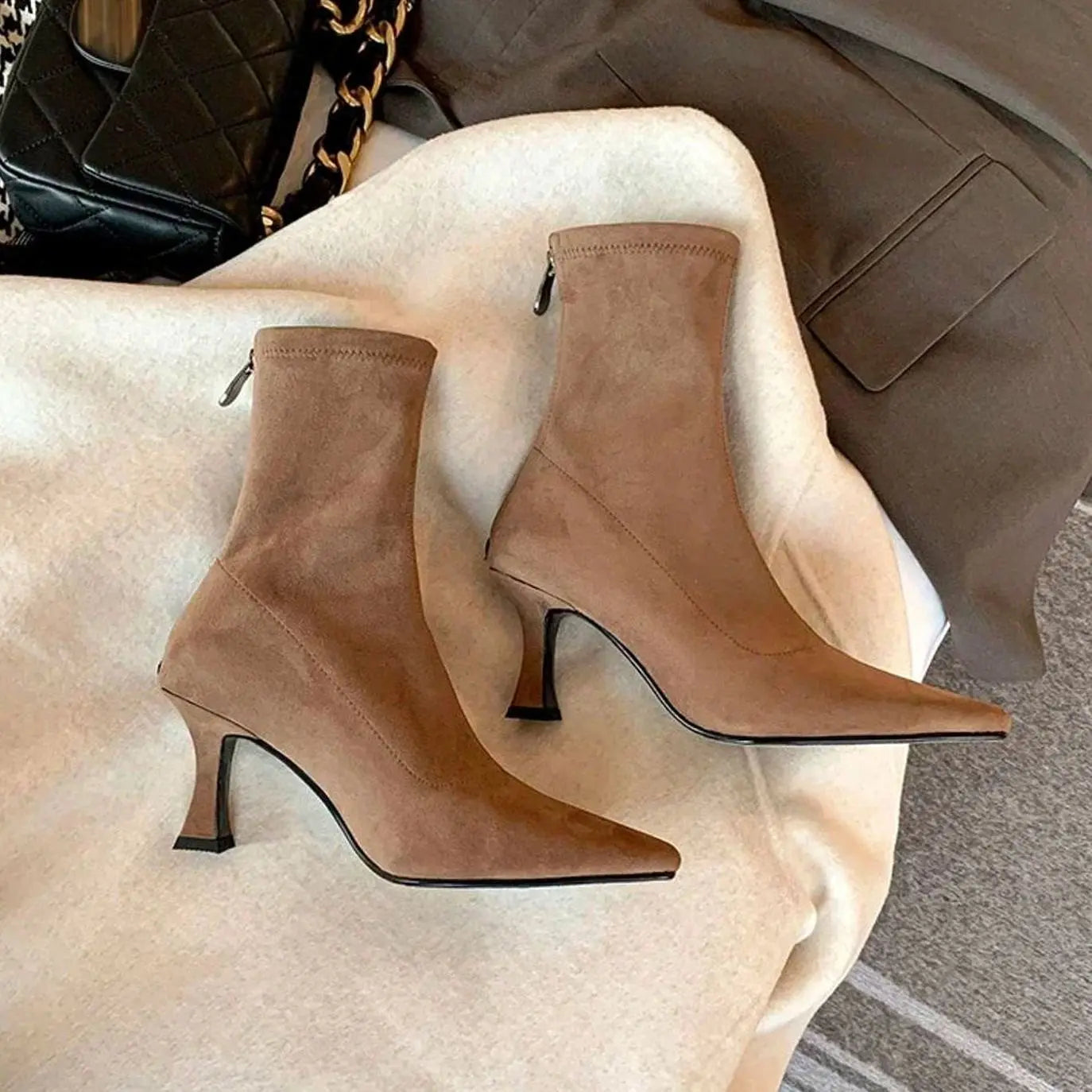 Women's Pointed Kitten Heel Suede Ankle Boots