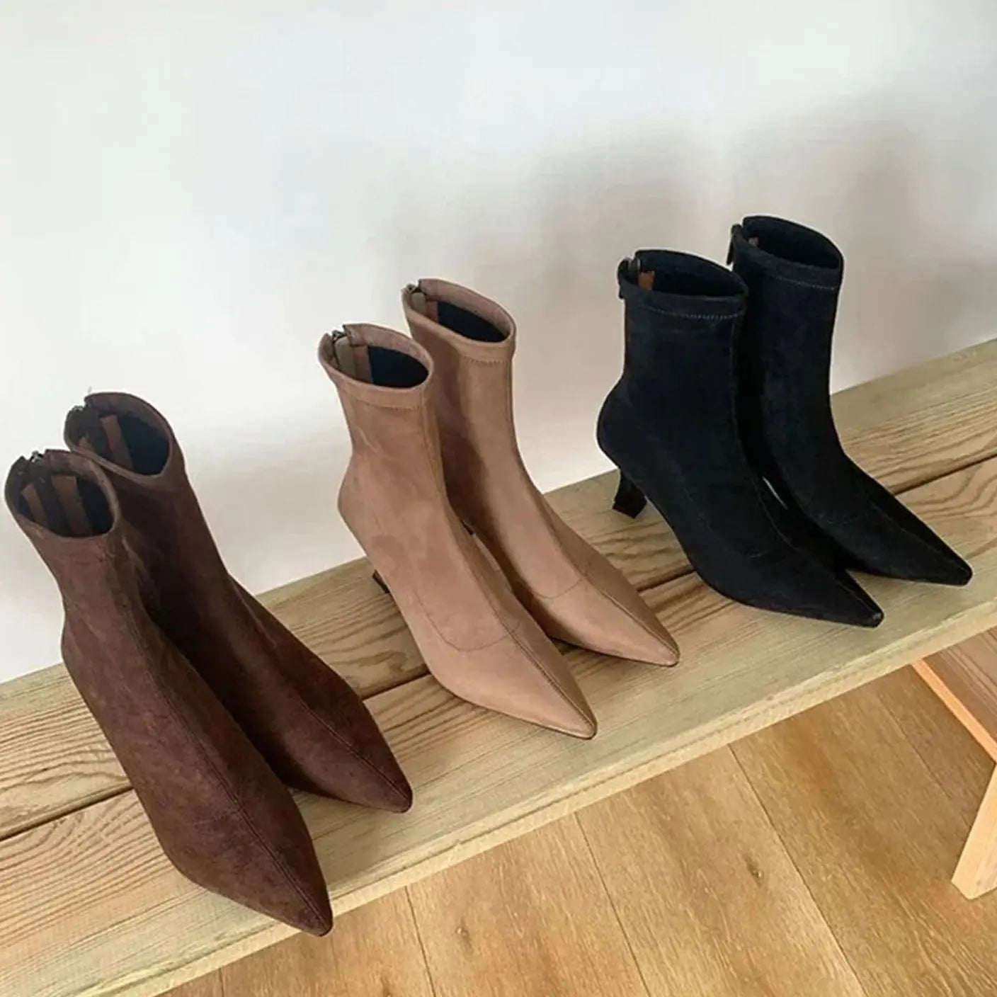 Women's Pointed Kitten Heel Suede Ankle Boots
