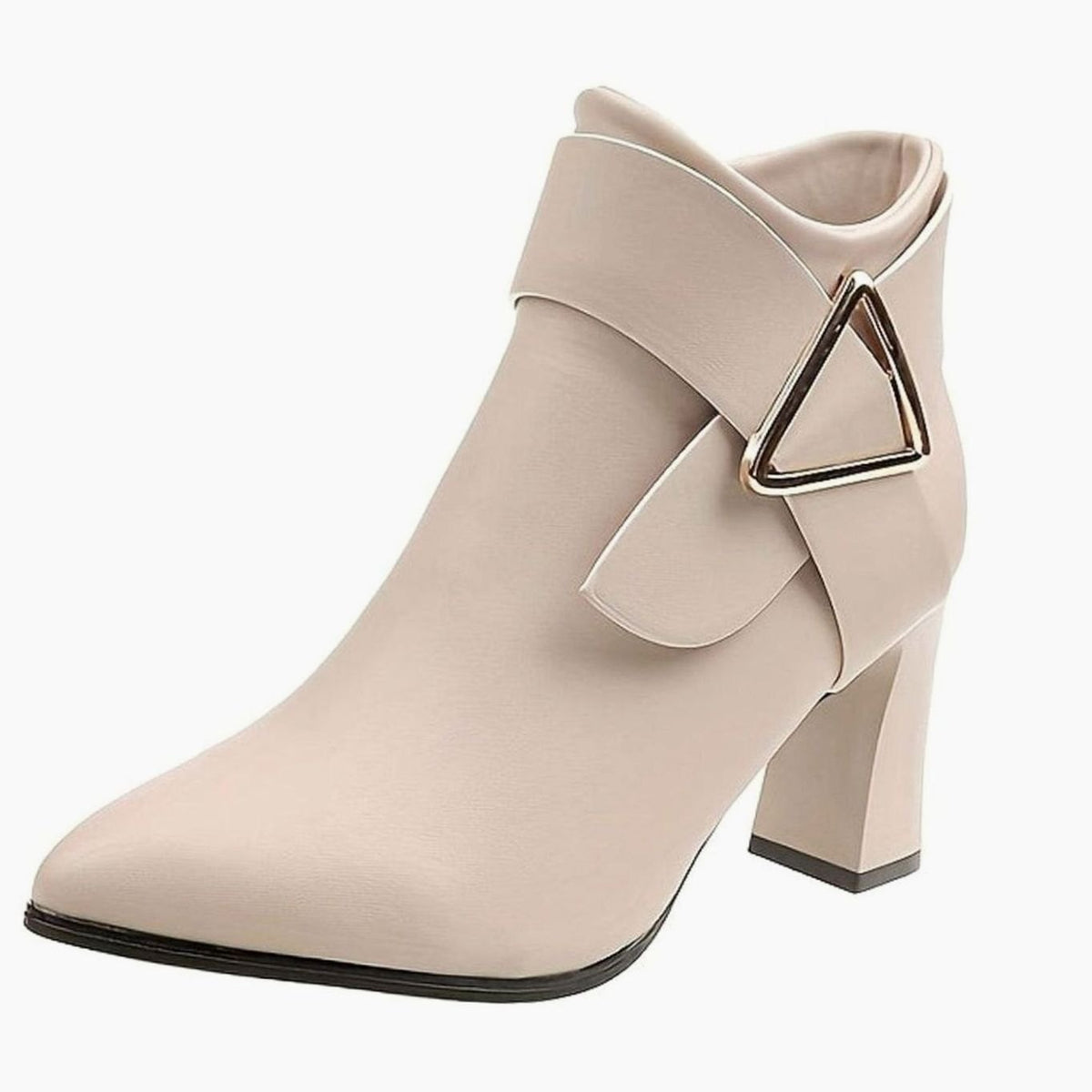 Women's Pointed-Toe Block Heel Ankle Boots Triangle Buckle - Beige