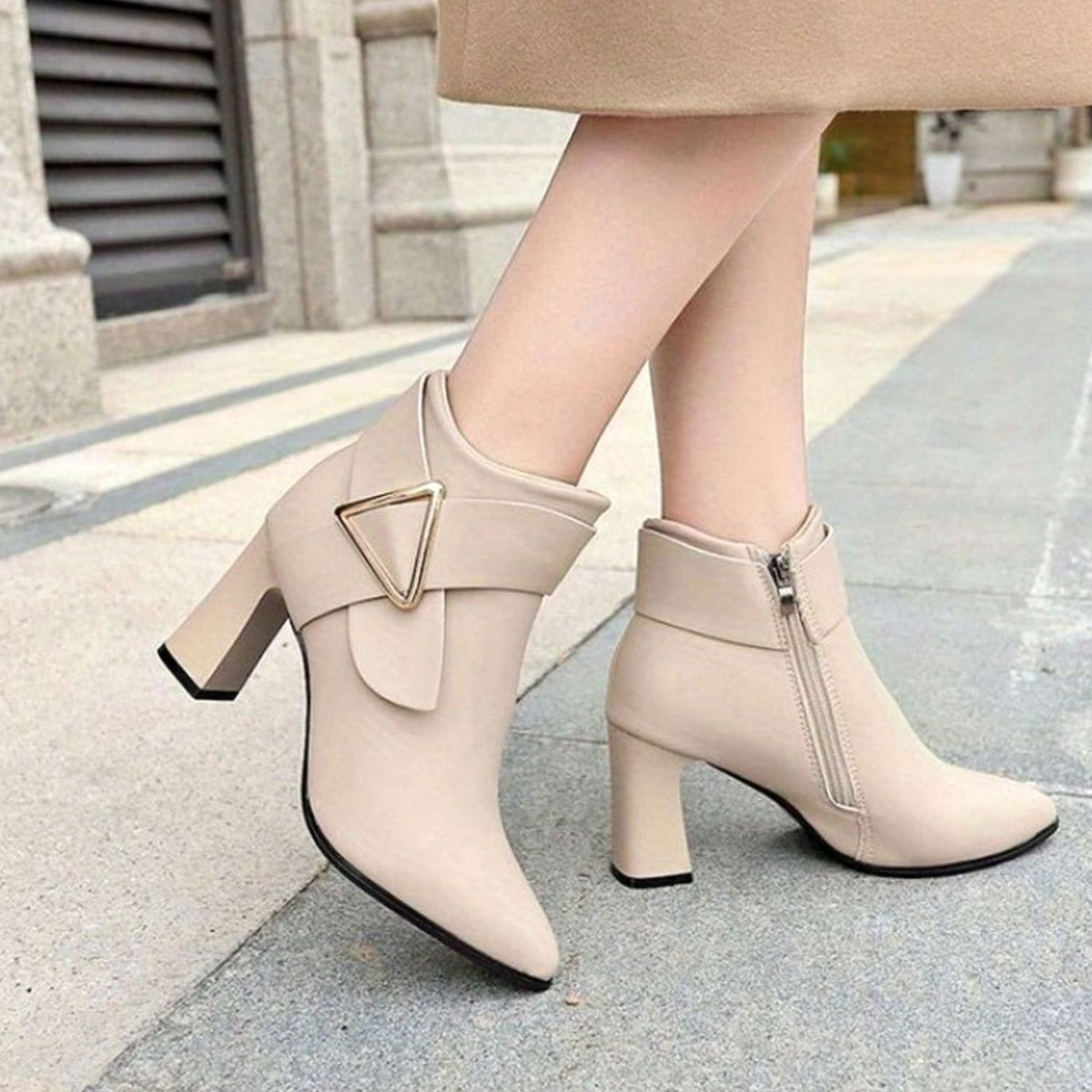 Women's Pointed-Toe Block Heel Ankle Boots Triangle Buckle