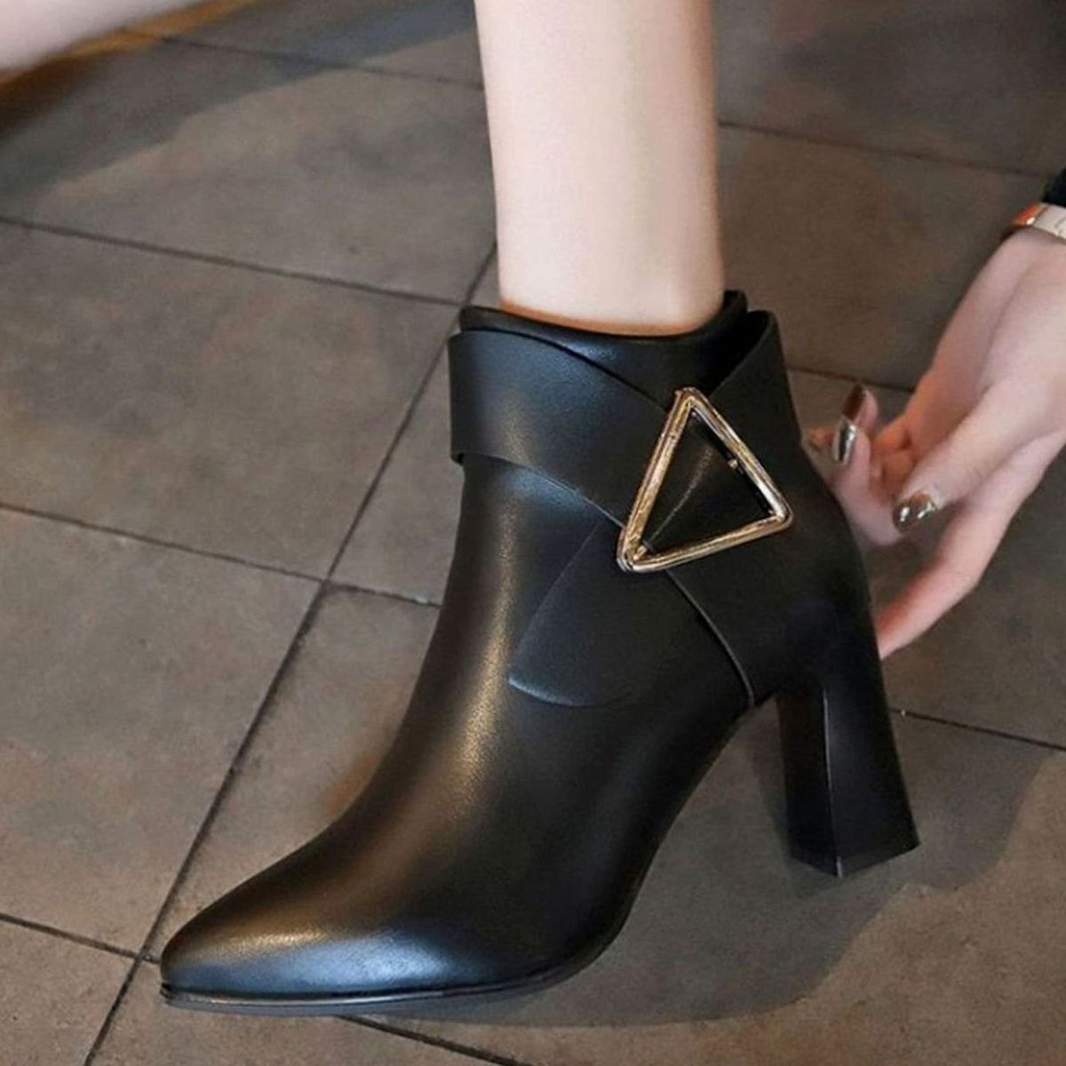 Women's Pointed-Toe Block Heel Ankle Boots Triangle Buckle