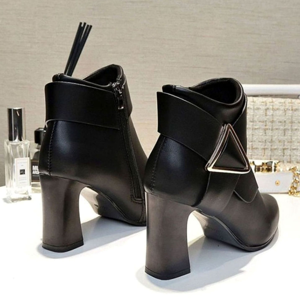 Women's Pointed-Toe Block Heel Ankle Boots Triangle Buckle