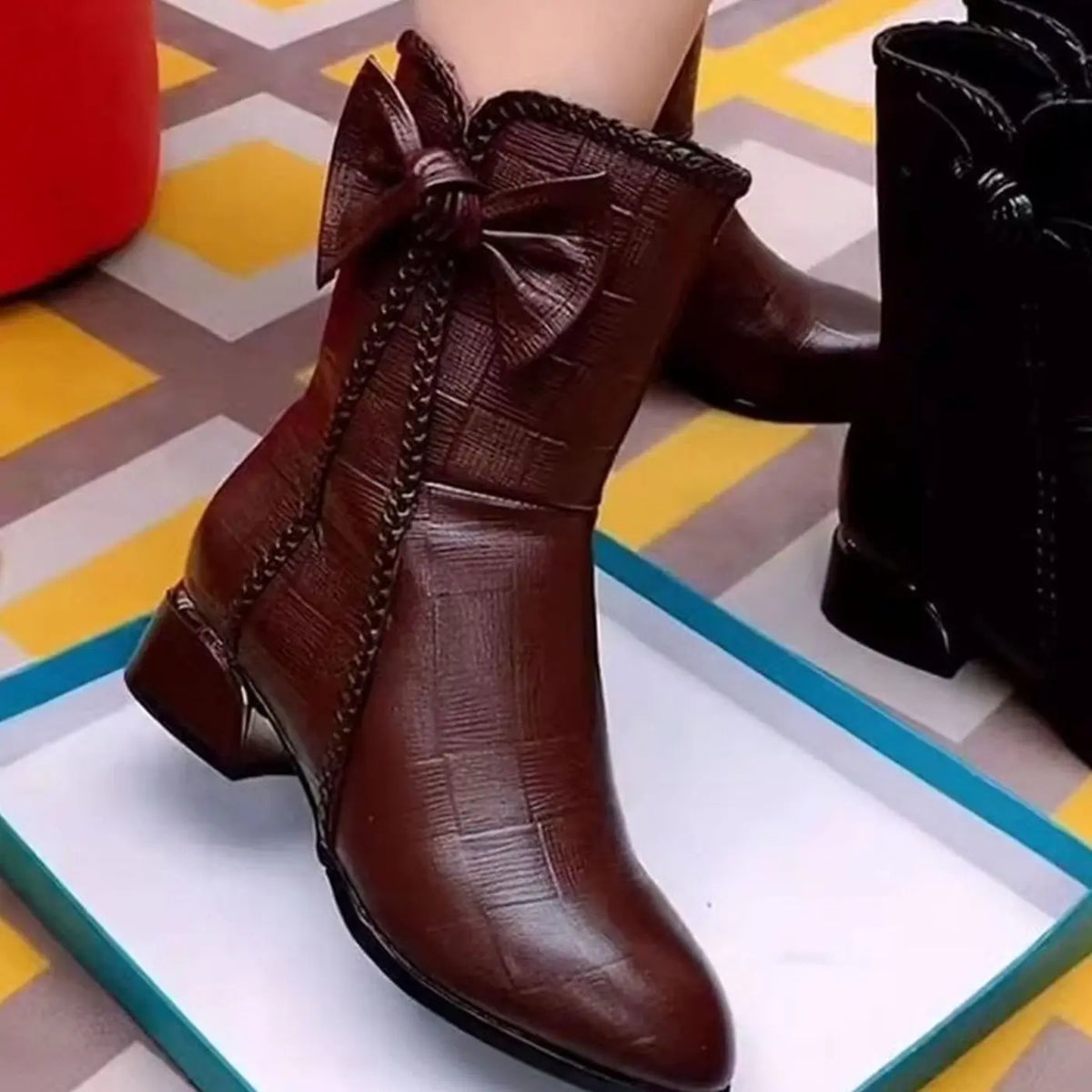 Women's Pointed-Toe Block-Heel Bow-Detail Ankle Boots - Brown