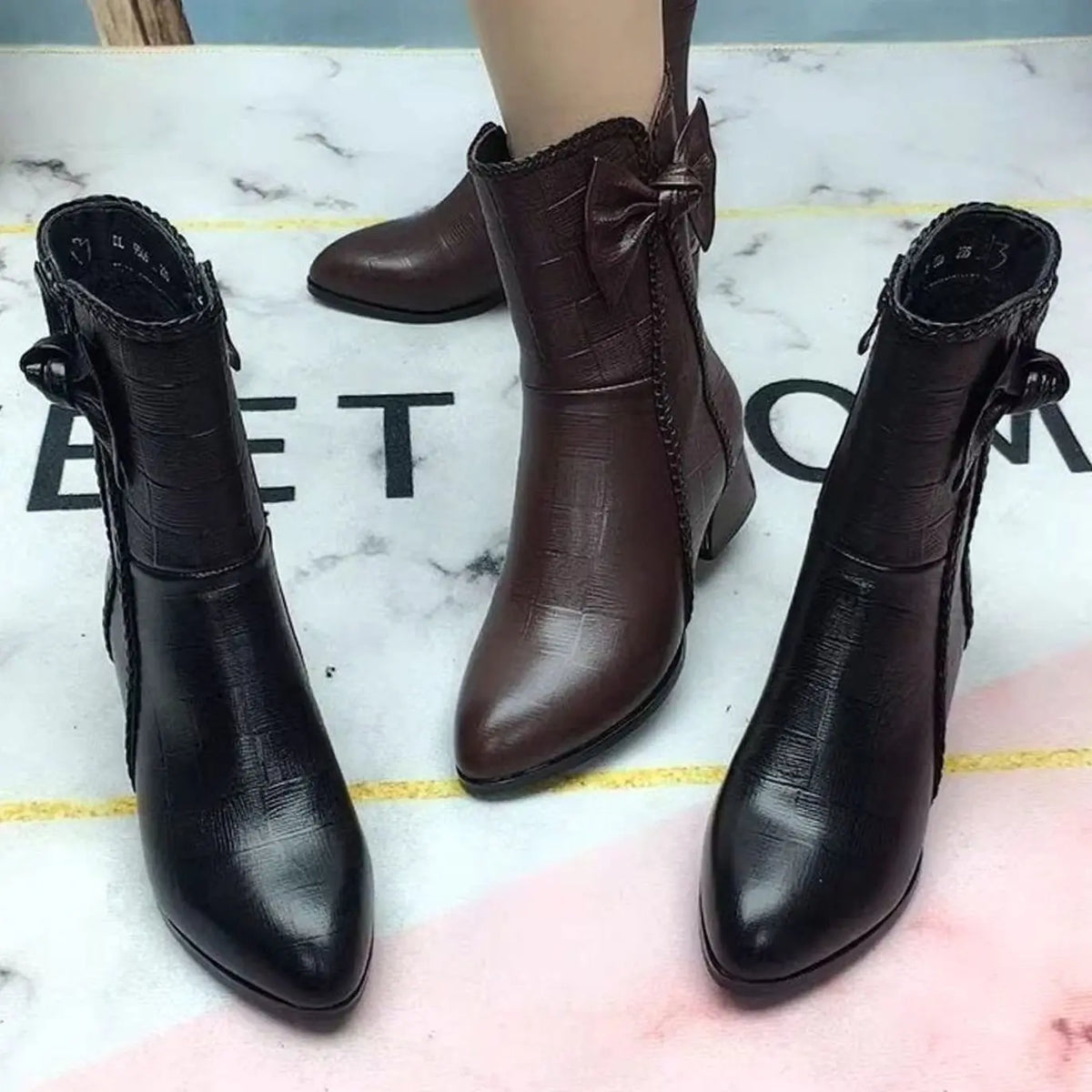 Women's Pointed-Toe Block-Heel Bow-Detail Ankle Boots