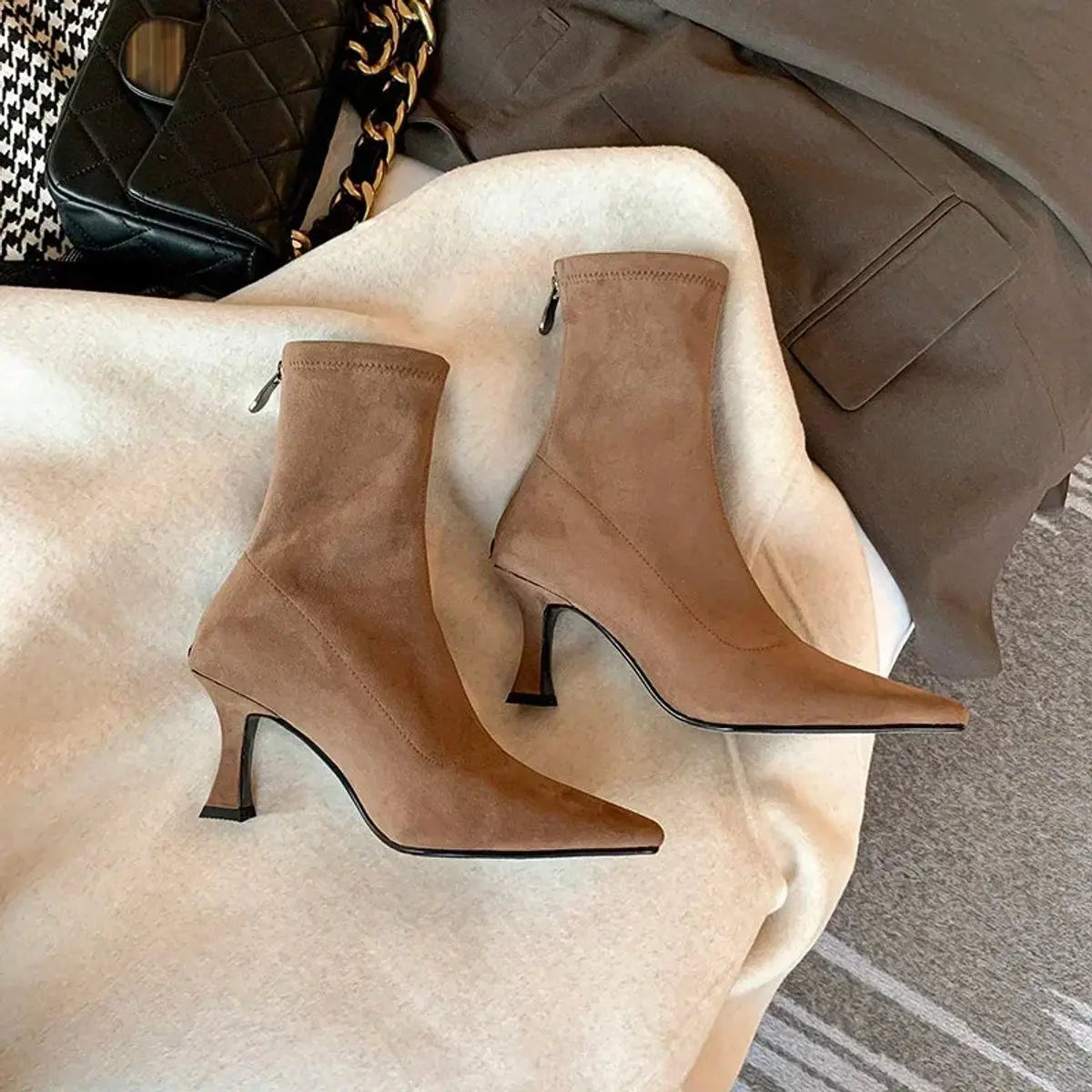 Women's Pointed Toe Kitten Heel Suede Sock Ankle Boots