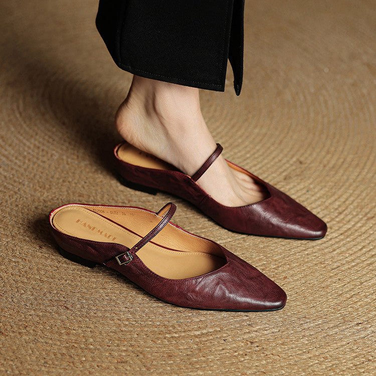 Women's Pointed Toe Mary Jane Mules with Ankle Strap - Maroon