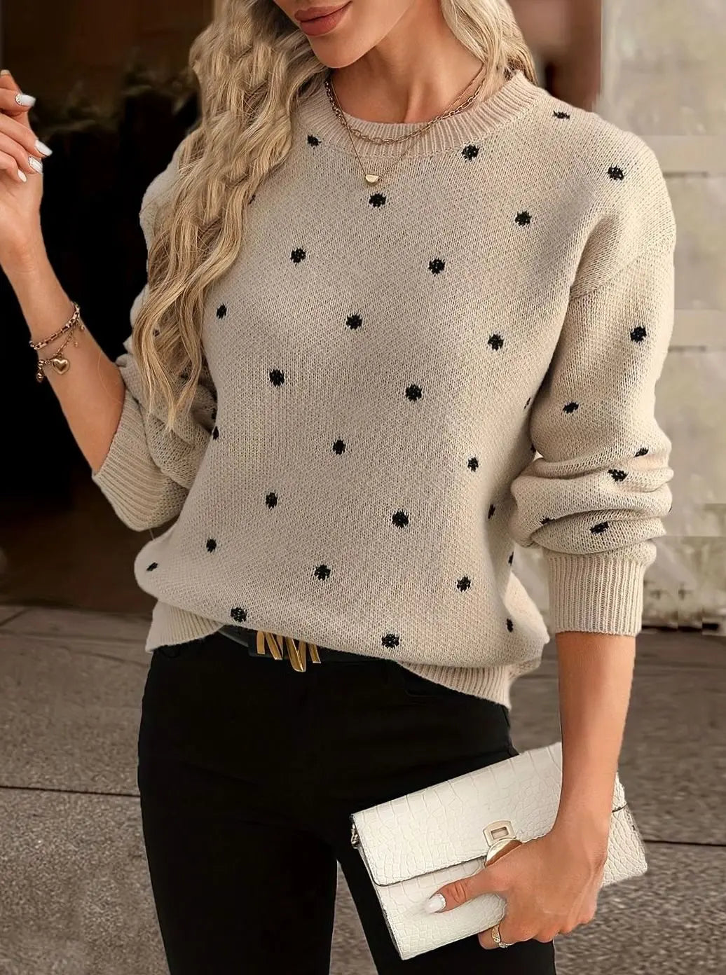 Women's Polka Dot Round-Neck Long-Sleeve Knit Sweater - Khaki