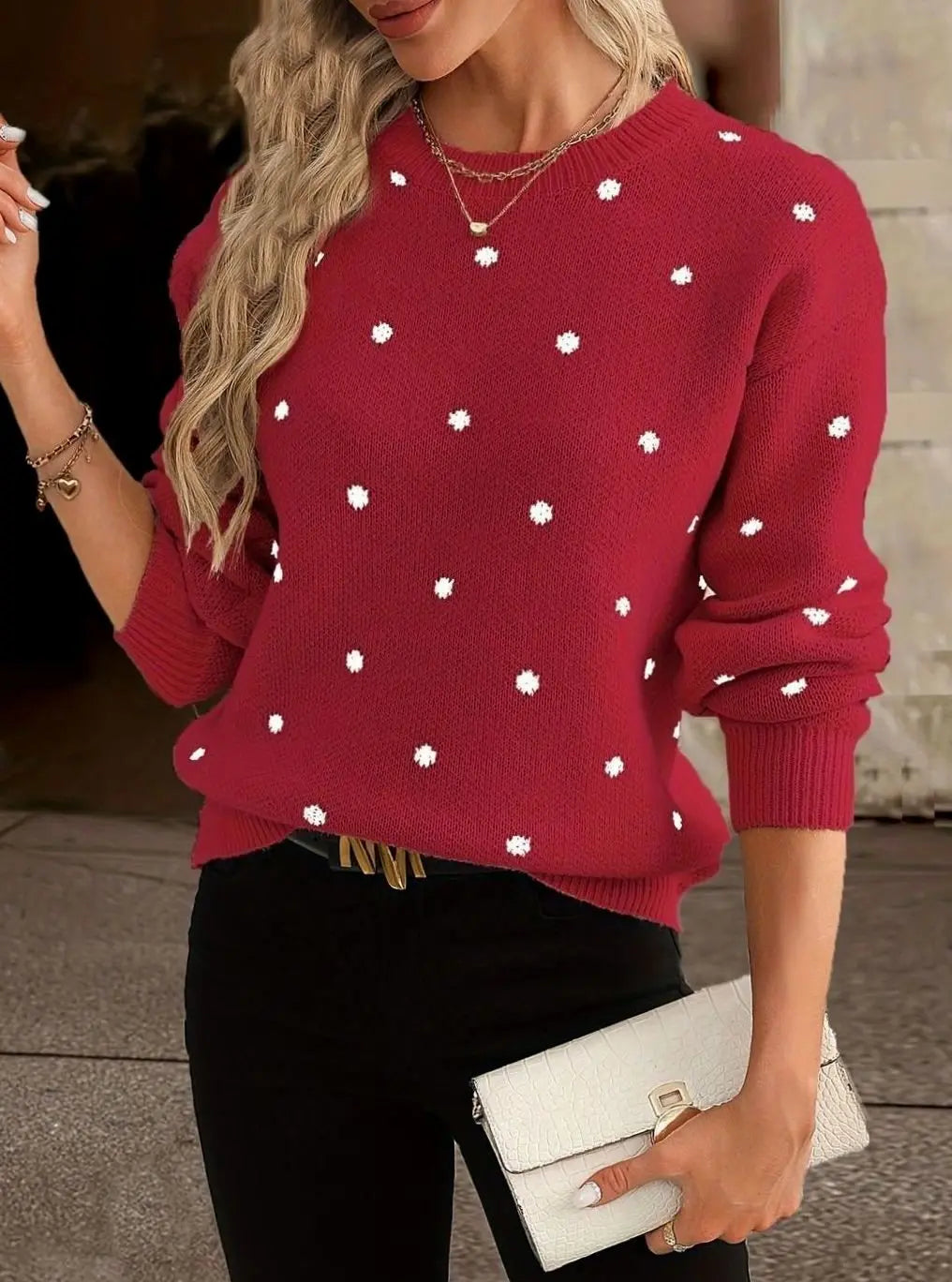 Women's Polka Dot Round-Neck Long-Sleeve Knit Sweater - Red