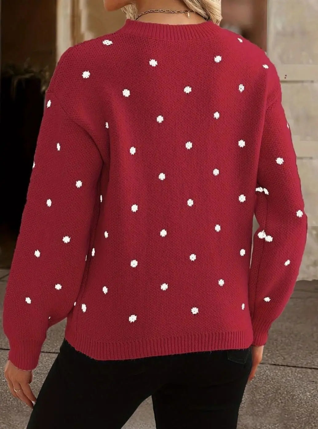 Women's Polka Dot Round-Neck Long-Sleeve Knit Sweater