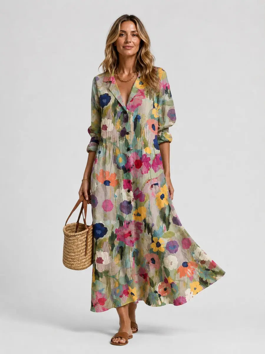 Women's Printed Maxi Shirt Dress Relaxed Flattering Fit - Floral