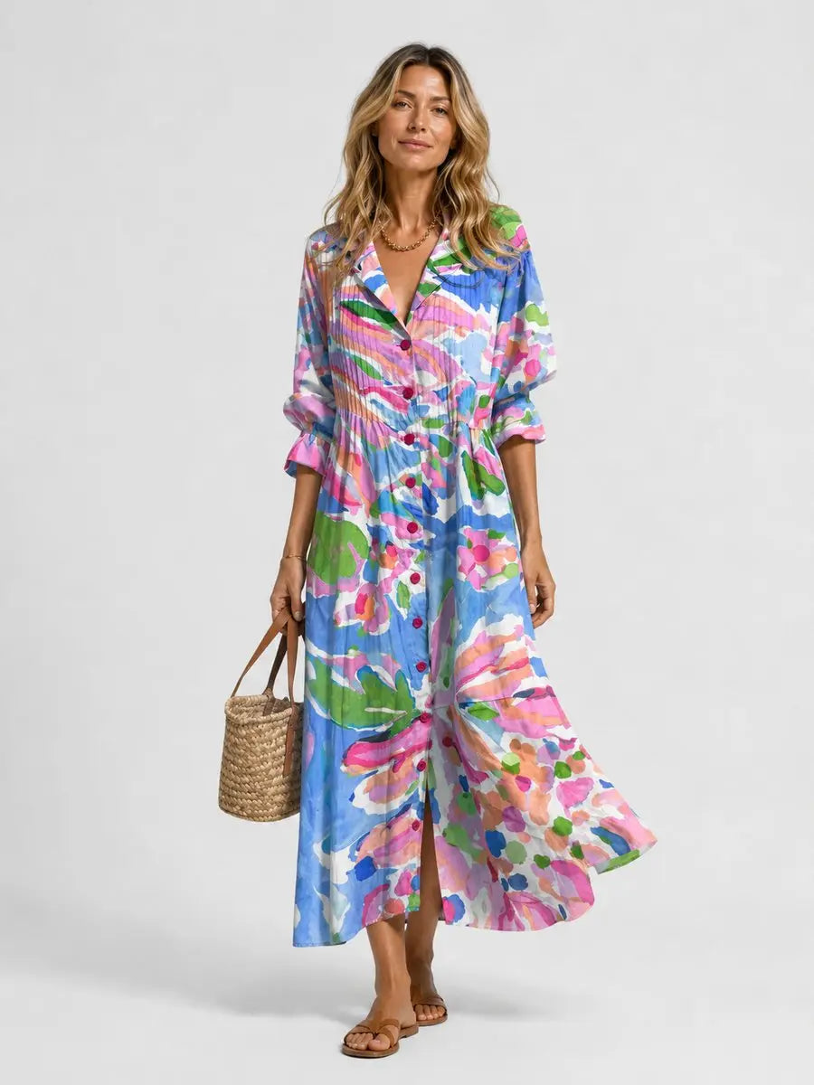Women's Printed Maxi Shirt Dress Relaxed Flattering Fit - Blue