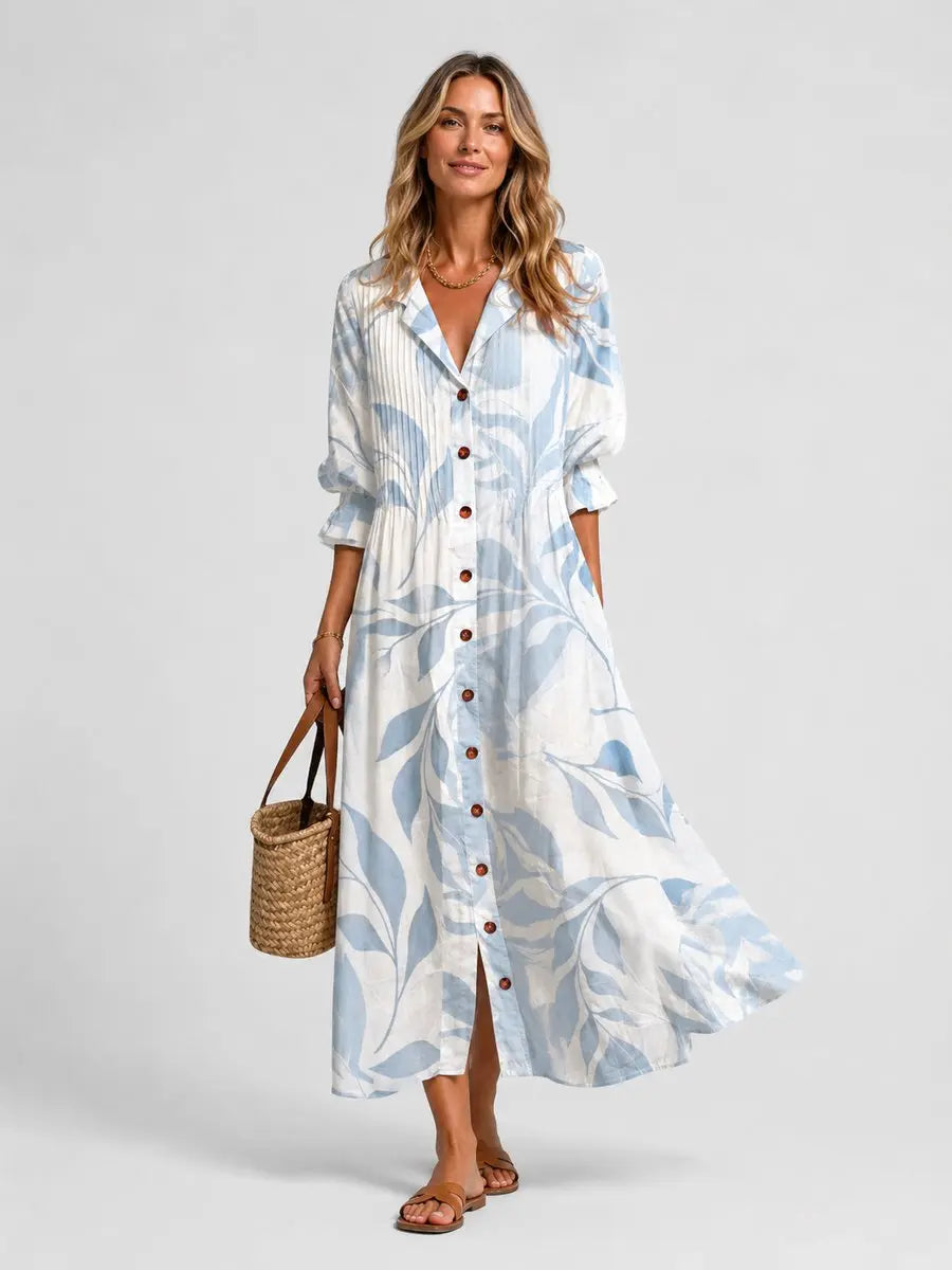 Women's Printed Maxi Shirt Dress Relaxed Flattering Fit - Light Blue