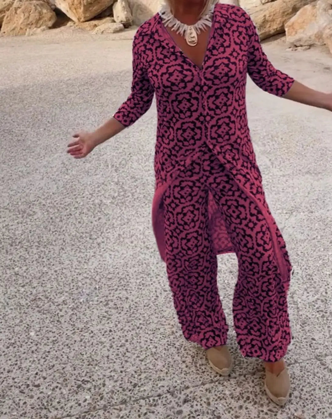 Women's Printed Two-Piece Blouse Straight-Leg Trouser Set