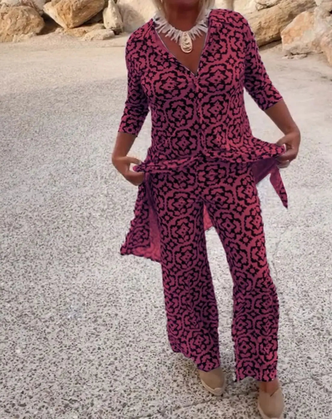 Women's Printed Two-Piece Blouse Straight-Leg Trouser Set
