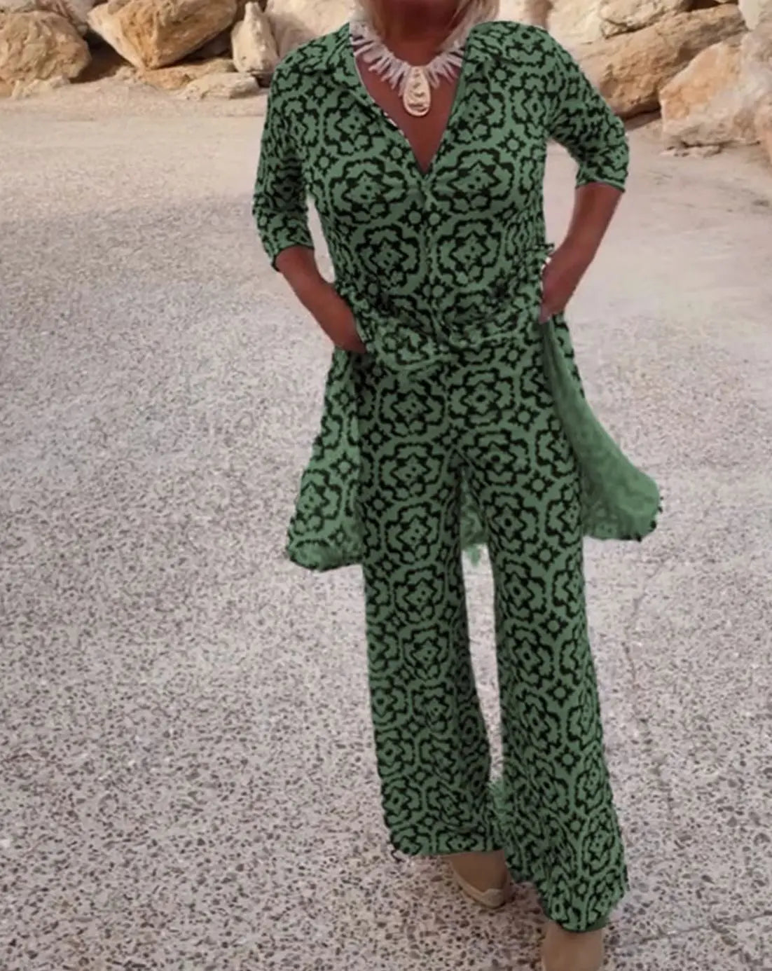 Women's Printed Two-Piece Blouse Straight-Leg Trouser Set