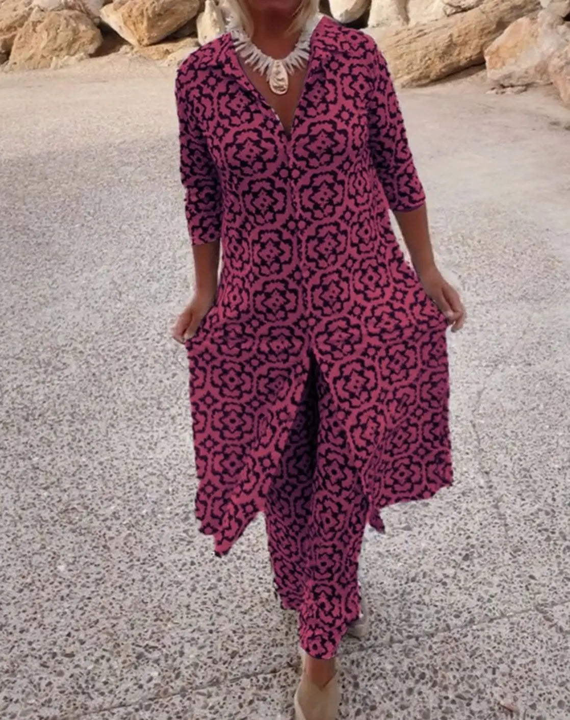 Women's Printed Two-Piece Blouse Straight-Leg Trouser Set - Red