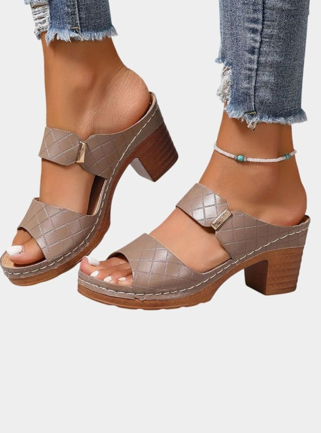 Women's Quilted Block Heel Sandals Open Toe - Khaki