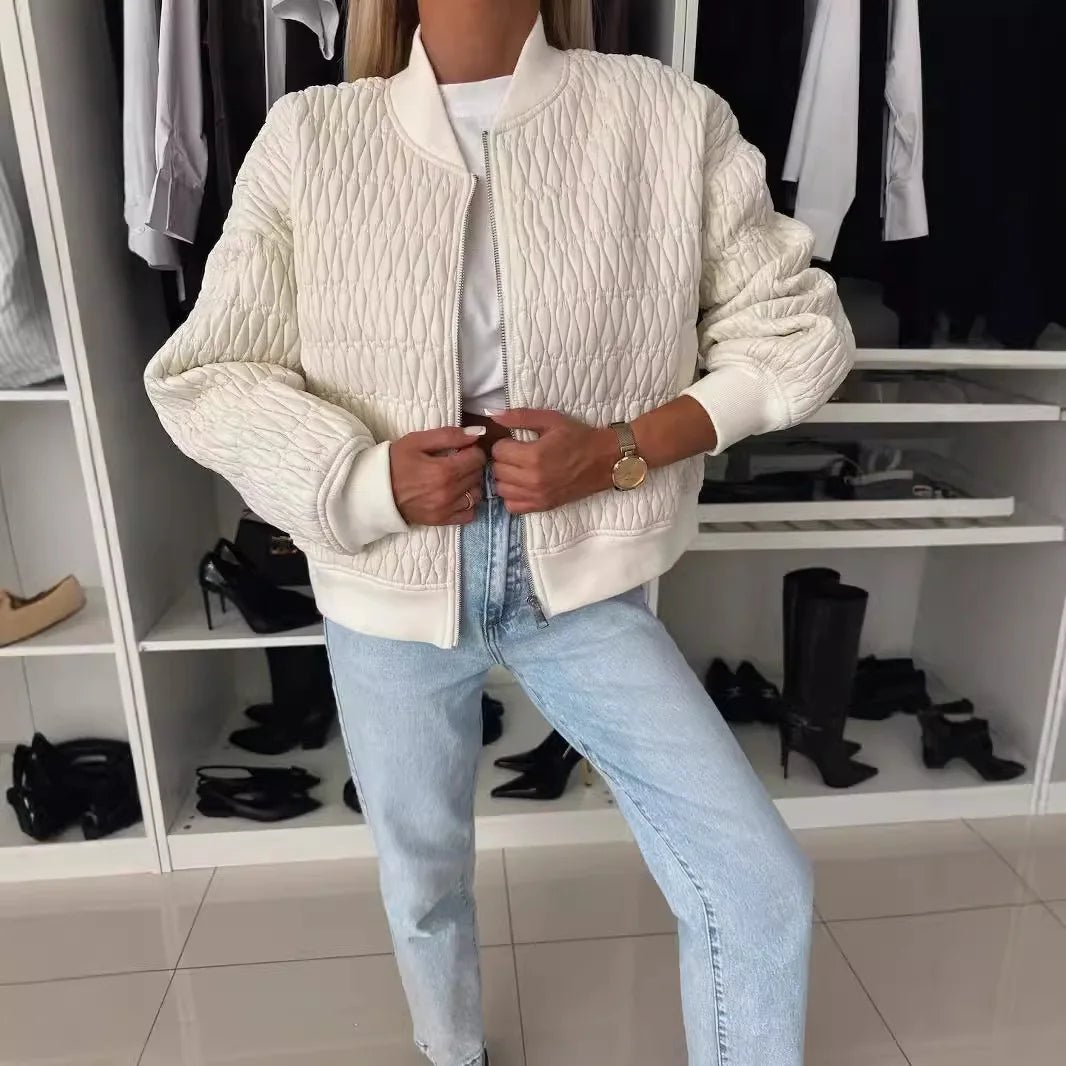 Women's Quilted Bomber Jacket Zip Front Diamond Pattern - White