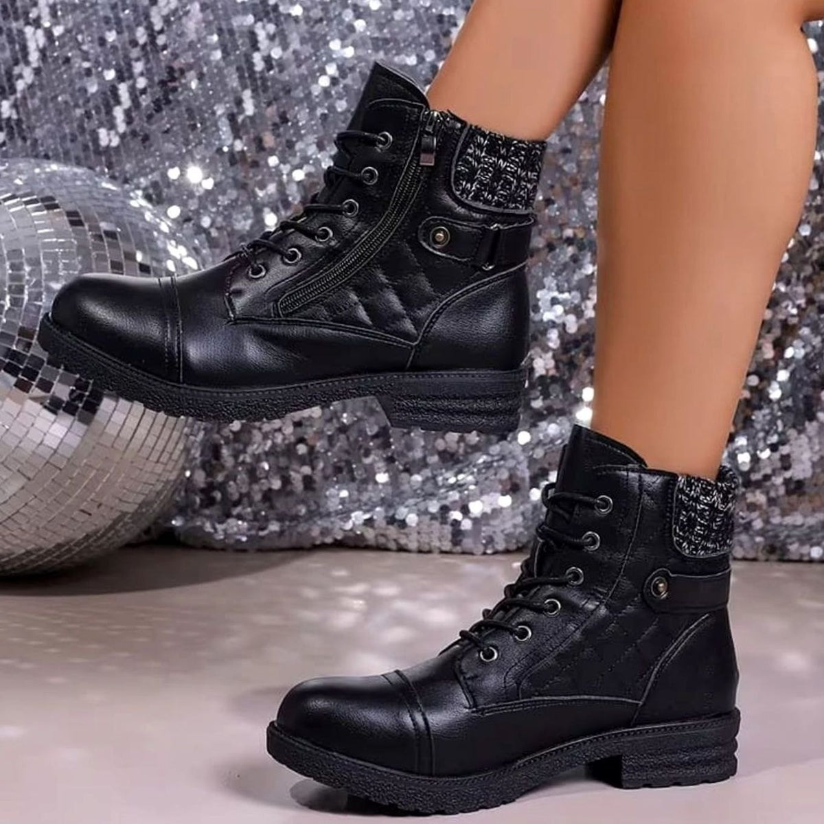 Women's Quilted Faux-Leather Lace-Up Ankle Boots