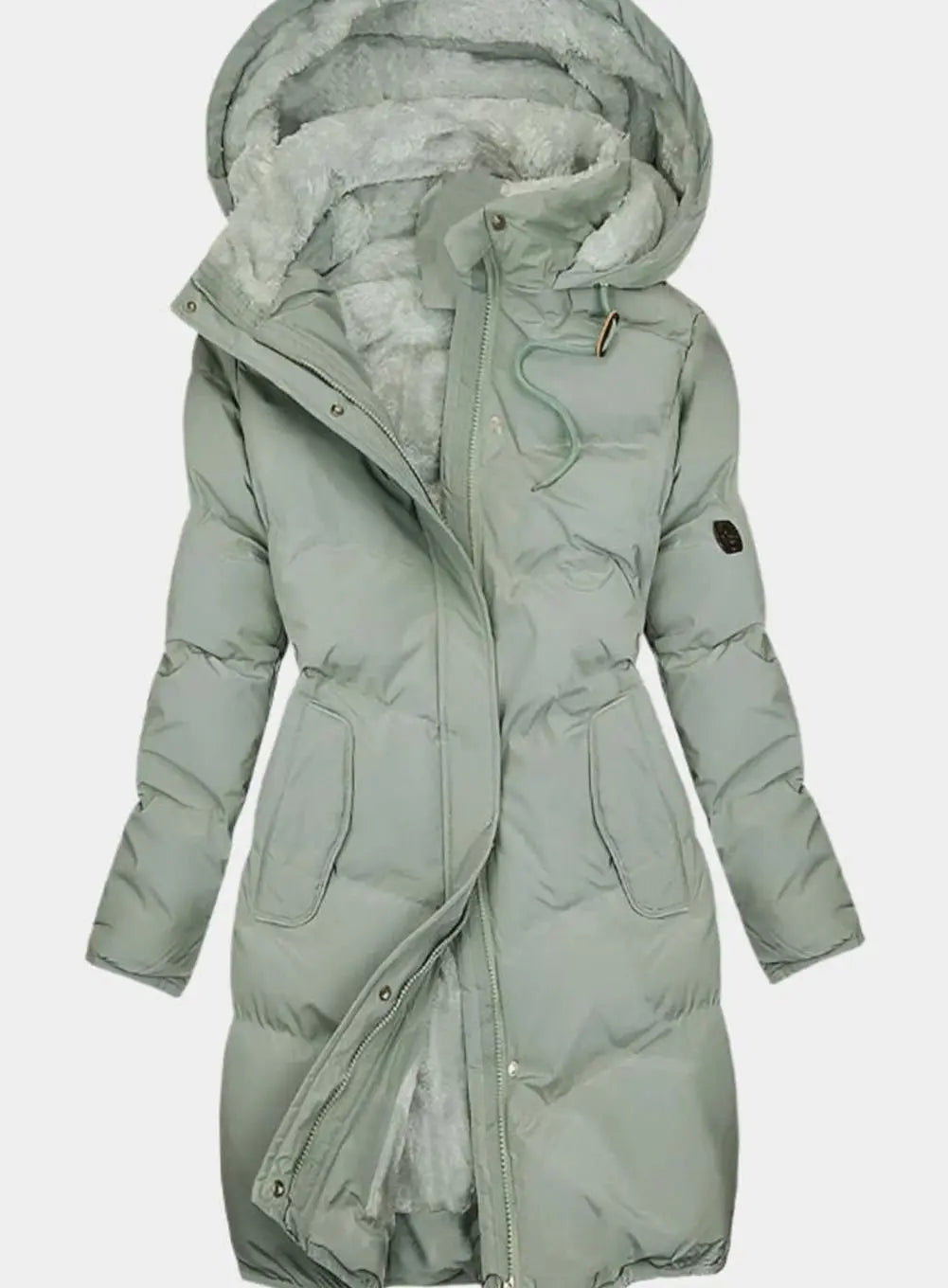 Women's Quilted Fleece-Lined Long Hooded Coat Full-Zip Parka - Green
