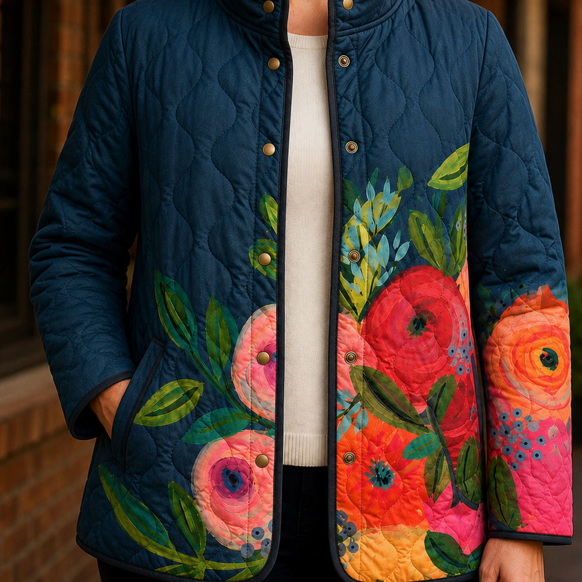 Women's Quilted Floral Snap-Front Padded Jacket - Multicolour
