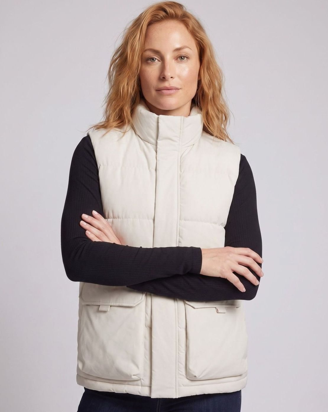 Women's Quilted Funnel-Neck Sleeveless Puffer Gilet Flap Pockets, Ecru