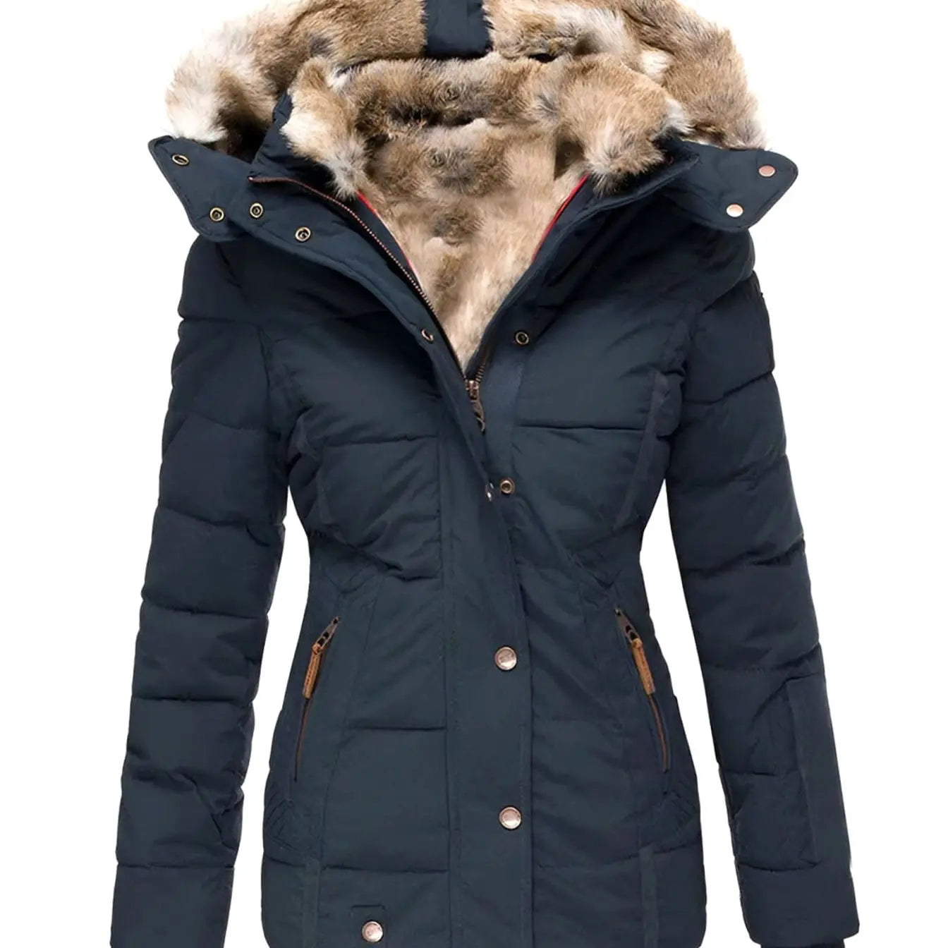 Women's Quilted Hooded Faux Fur Trim Puffer Jacket - Navy Blue