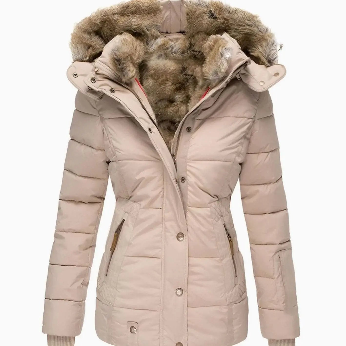 Women's Quilted Hooded Faux Fur Trim Puffer Jacket - Beige
