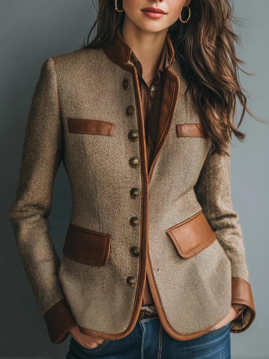 Women's Quilted Jacket Herringbone Tweed Leather-Trim Button-Up Blazer - Brown