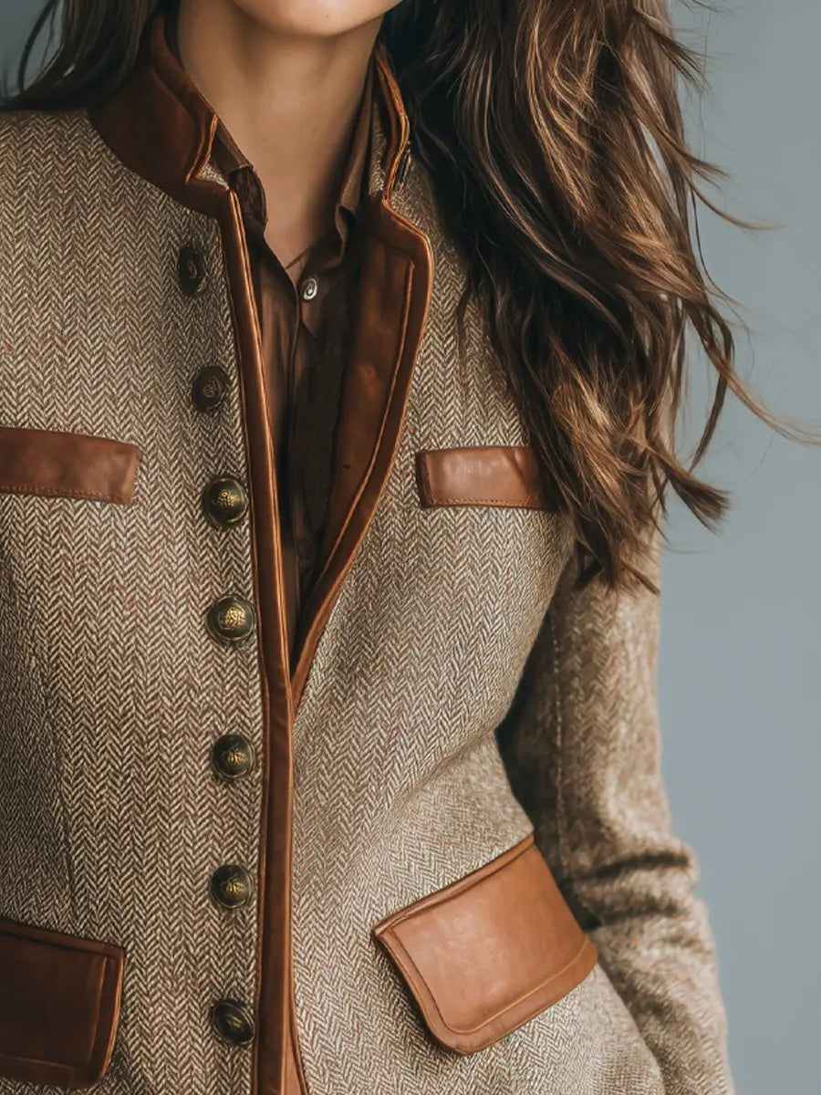 Women's Quilted Jacket Herringbone Tweed Leather-Trim Button-Up Blazer
