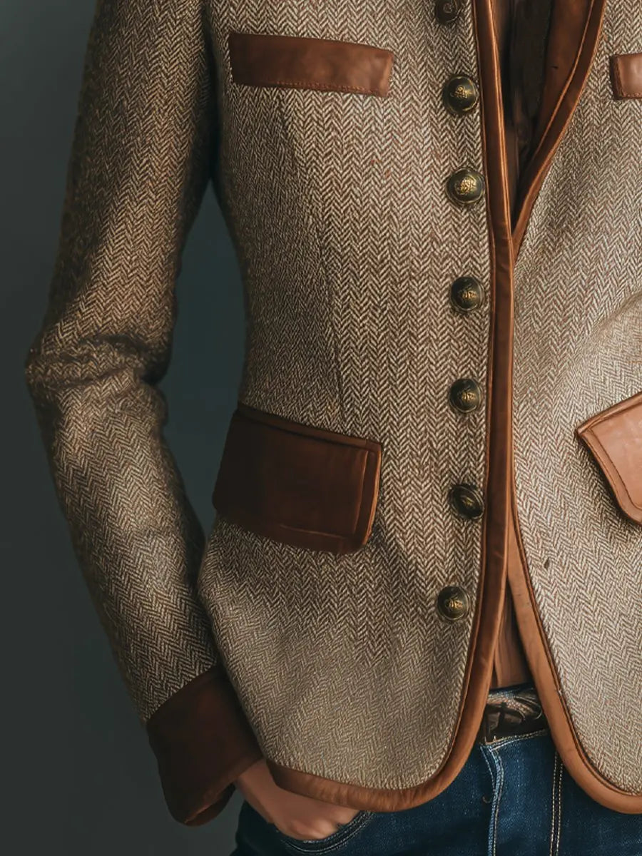 Women's Quilted Jacket Herringbone Tweed Leather-Trim Button-Up Blazer