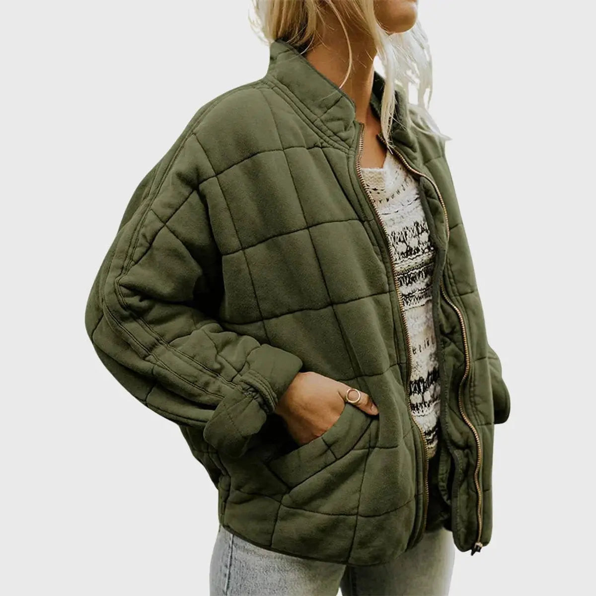 Women's Quilted Jacket Zip-Up Lightweight Stand Collar Padded Coat - Green (Low Stock)
