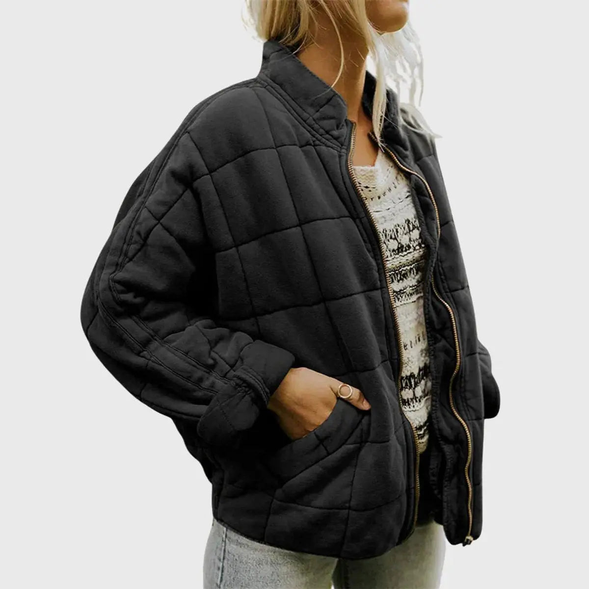 Women's Quilted Jacket Zip-Up Lightweight Stand Collar Padded Coat - Black