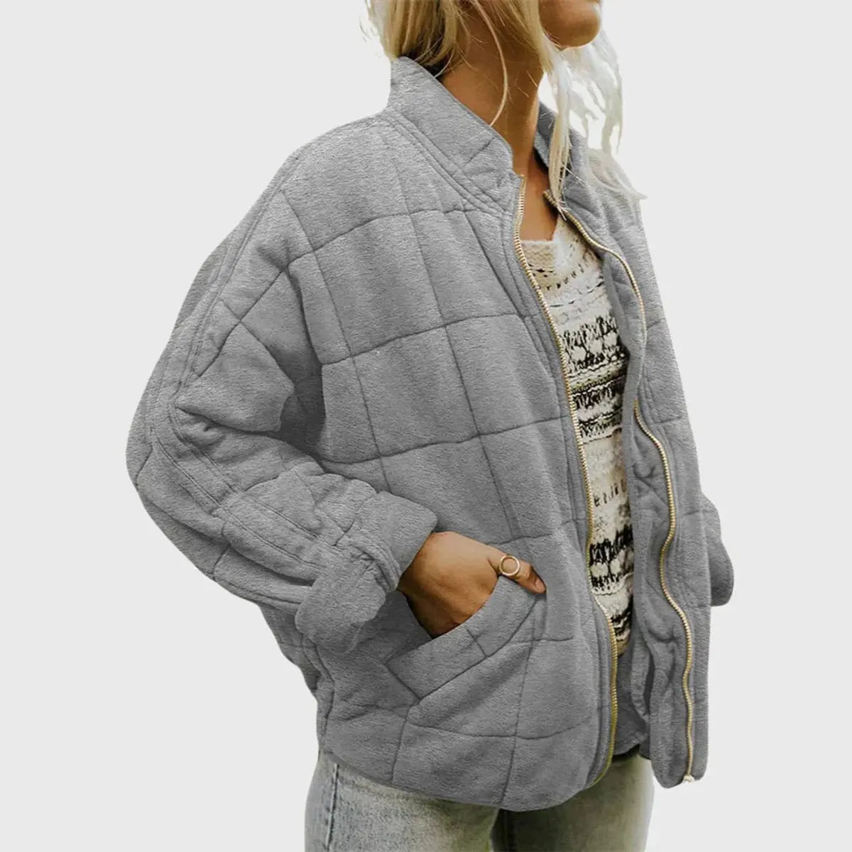 Women's Quilted Jacket Zip-Up Lightweight Stand Collar Padded Coat - Grey