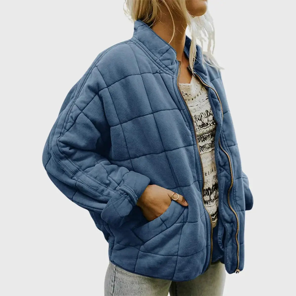 Women's Quilted Jacket Zip-Up Lightweight Stand Collar Padded Coat - Blue