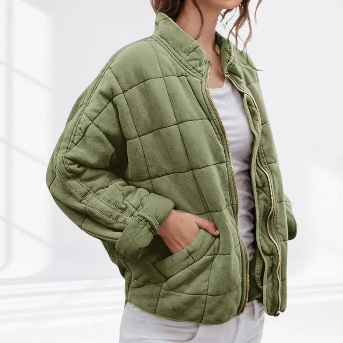 Women's Quilted Jacket Zip-Up Lightweight Stand Collar Padded Coat - Sage Green