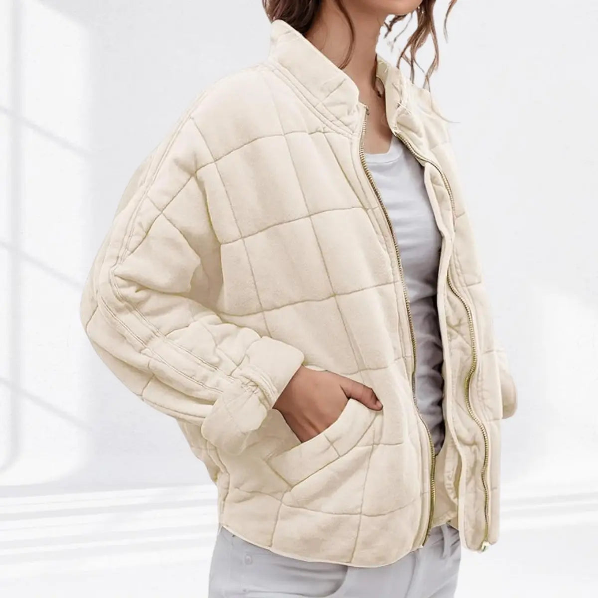 Women's Quilted Jacket Zip-Up Lightweight Stand Collar Padded Coat - Cream